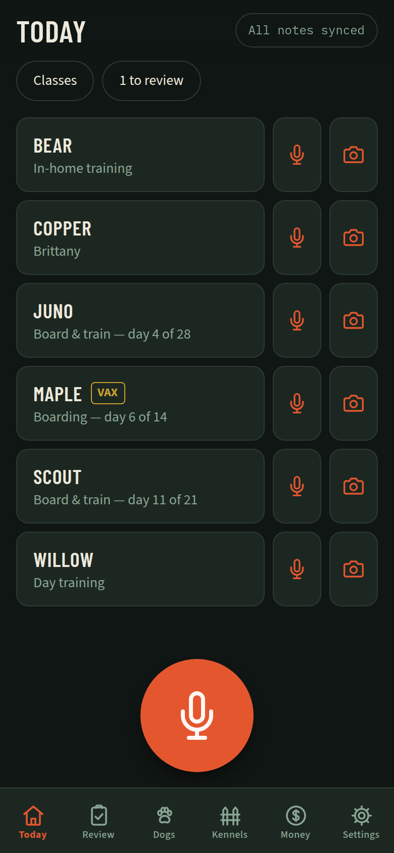 Today screen with the day's roster of dogs